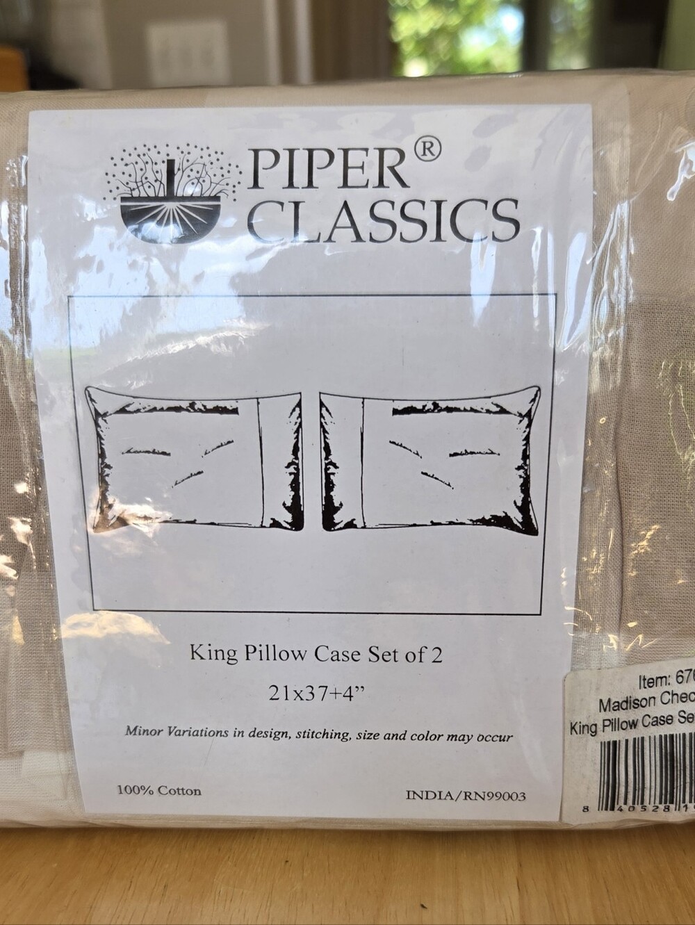 Set of 2 Natural King Size Pillow Cases NWT Cotton Buffalo Check Beige Ivory
